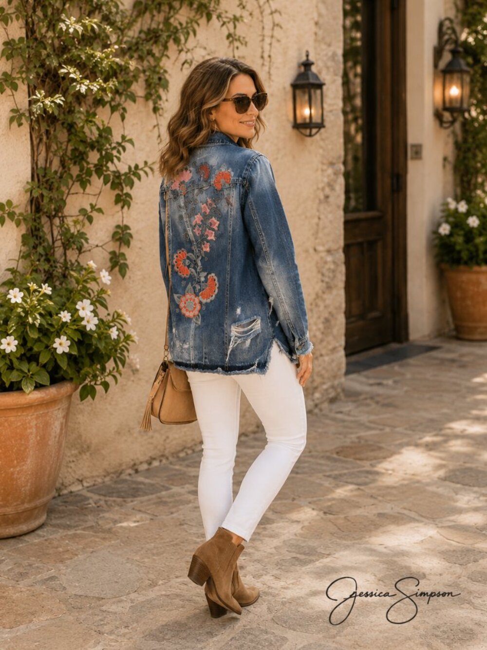Jessica Simpson L Embroidered Floral Distressed Denim Jacket Raw Hem